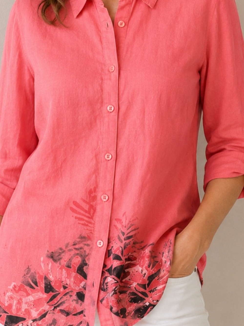Women’s Coral Button-Down Shirt with Botanical Hem